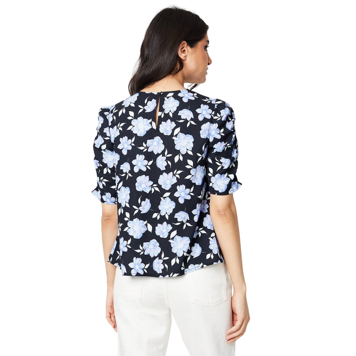 Black - Back - Dorothy Perkins Womens-Ladies Floral Puff Sleeve Ruched Blouse