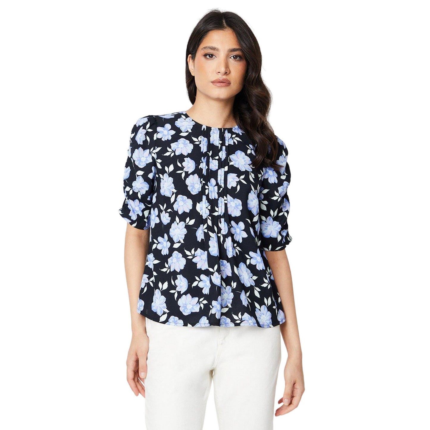 Black - Front - Dorothy Perkins Womens-Ladies Floral Puff Sleeve Ruched Blouse