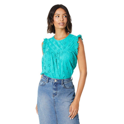 Green - Back - Dorothy Perkins Womens-Ladies Frill Broderie Sleeve Top