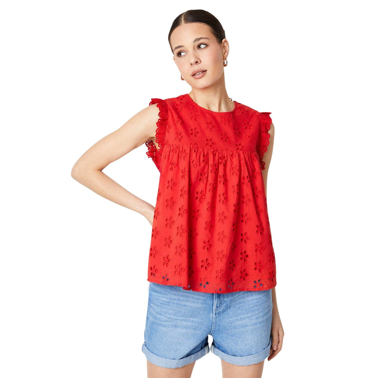 Red - Back - Dorothy Perkins Womens-Ladies Frill Broderie Sleeve Top