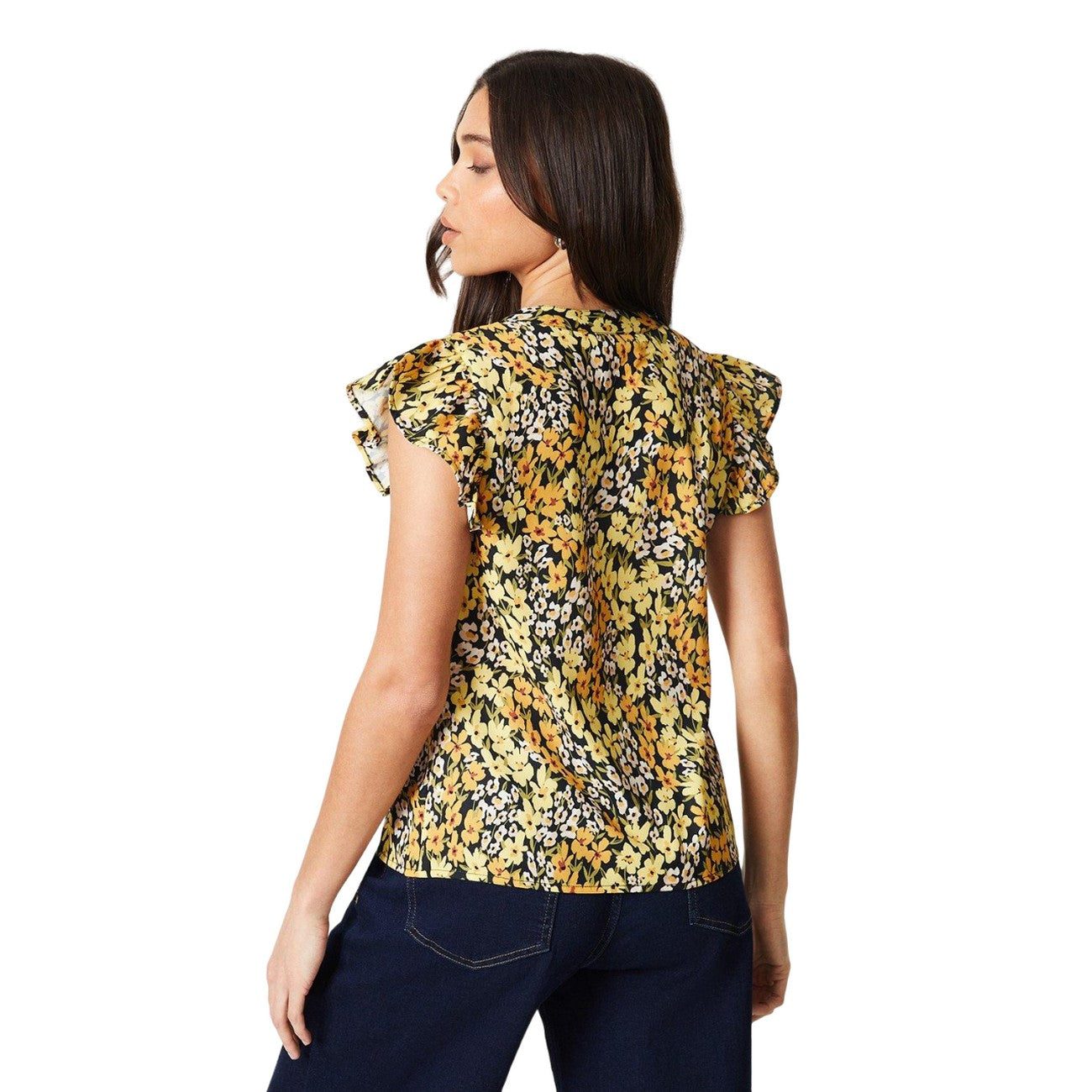 Yellow-Black - Back - Dorothy Perkins Womens-Ladies Floral Ruffles Petite Top