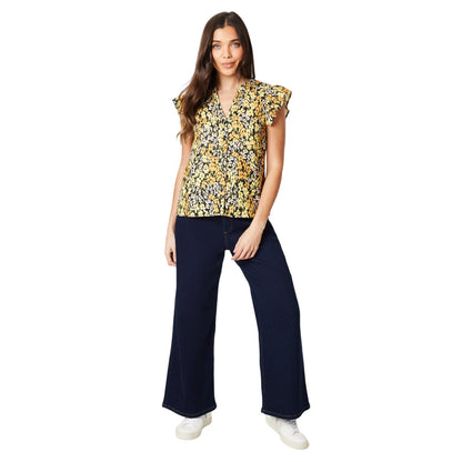 Yellow-Black - Side - Dorothy Perkins Womens-Ladies Floral Ruffles Petite Top