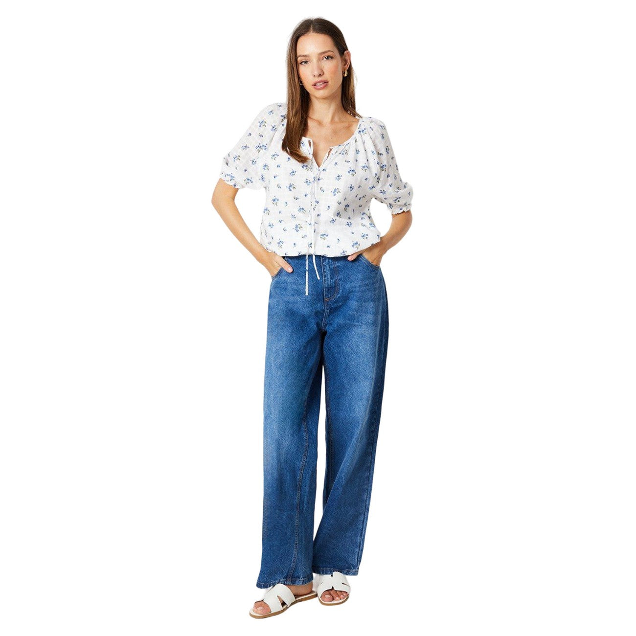 Blue - Side - Dorothy Perkins Womens-Ladies Floral Seersucker Shirred Hem Blouse