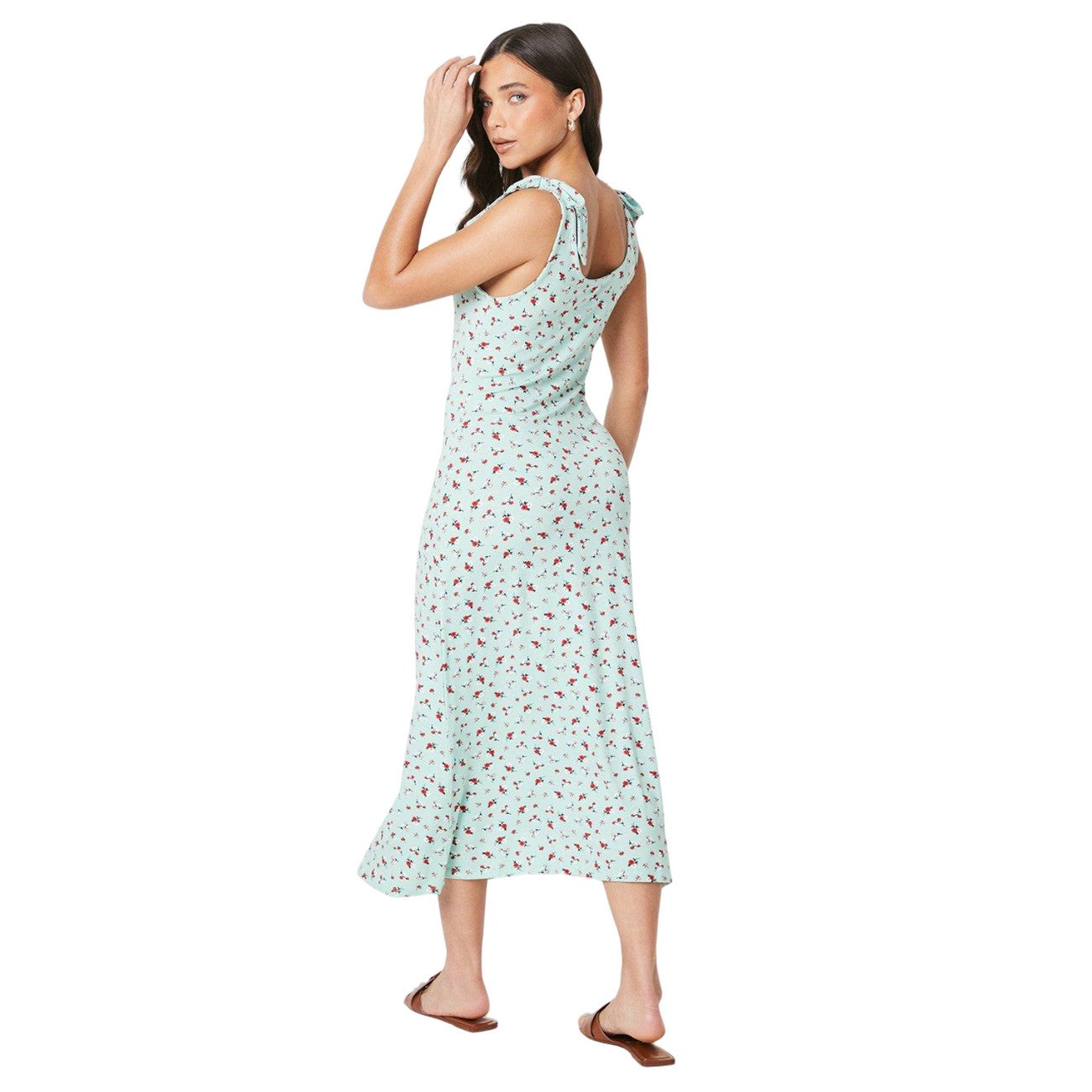 Mint - Back - Dorothy Perkins Womens-Ladies Ditsy Print Scoop Neck Petite Tie Sleeves Midi Skirt