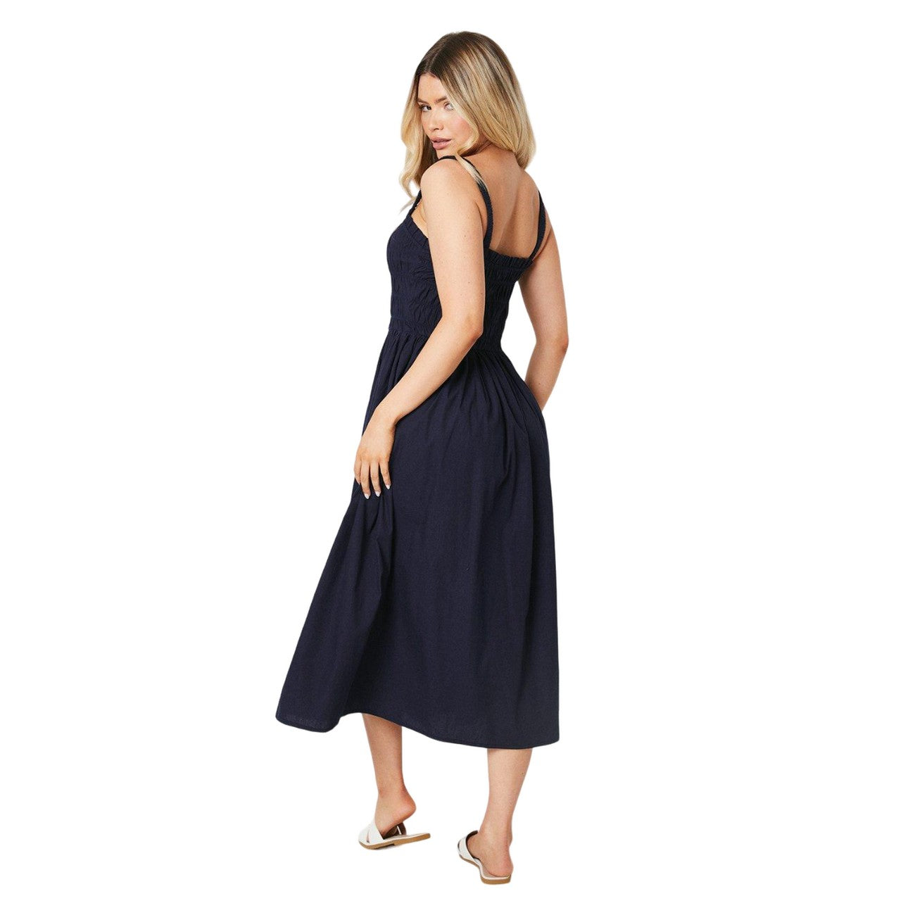 Navy - Back - Dorothy Perkins Womens-Ladies Poplin Shirred Bodice Midi Dress