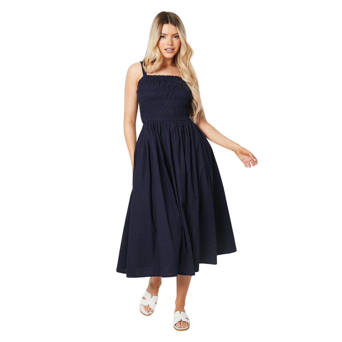 Navy - Front - Dorothy Perkins Womens-Ladies Poplin Shirred Bodice Midi Dress