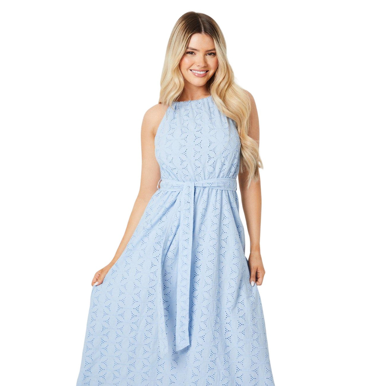 Blue - Side - Dorothy Perkins Womens-Ladies Broderie Waist Tie Midi Dress