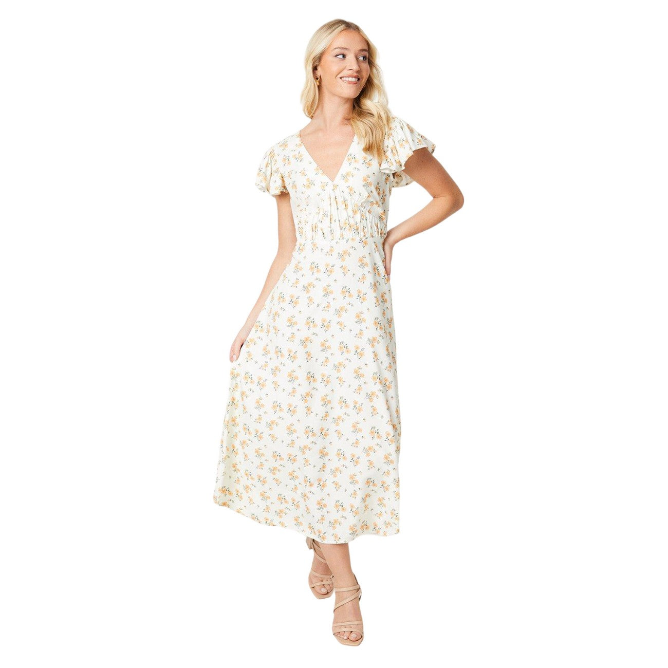 Ivory - Front - Dorothy Perkins Womens-Ladies Floral Frill Midi Dress