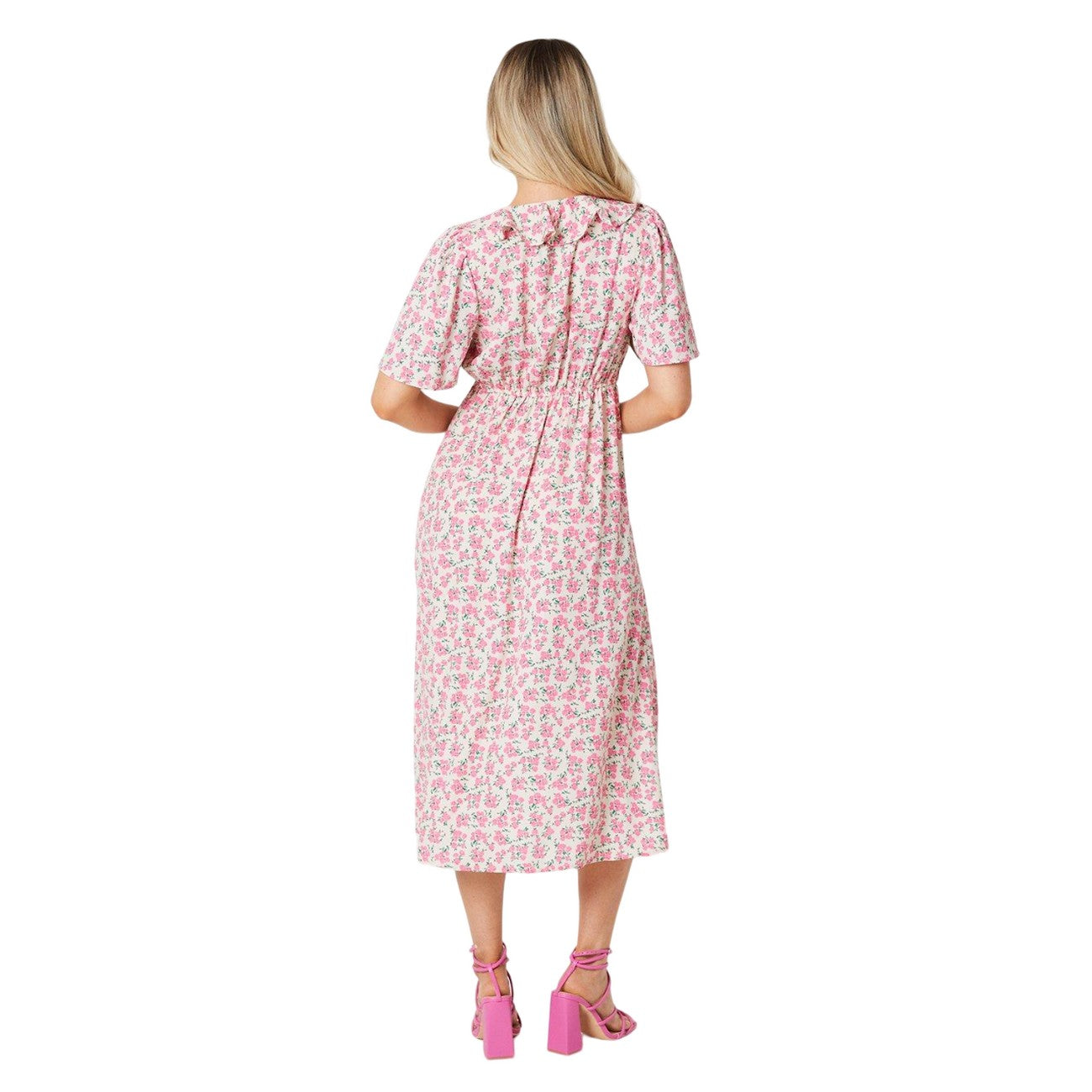 Pink - Back - Dorothy Perkins Womens-Ladies Ditsy Print Frill Neck Angel Sleeve Midi Dress