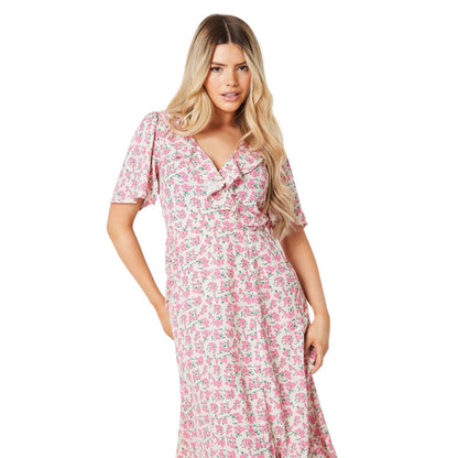 Pink - Side - Dorothy Perkins Womens-Ladies Ditsy Print Frill Neck Angel Sleeve Midi Dress