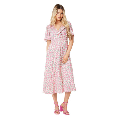 Pink - Front - Dorothy Perkins Womens-Ladies Ditsy Print Frill Neck Angel Sleeve Midi Dress