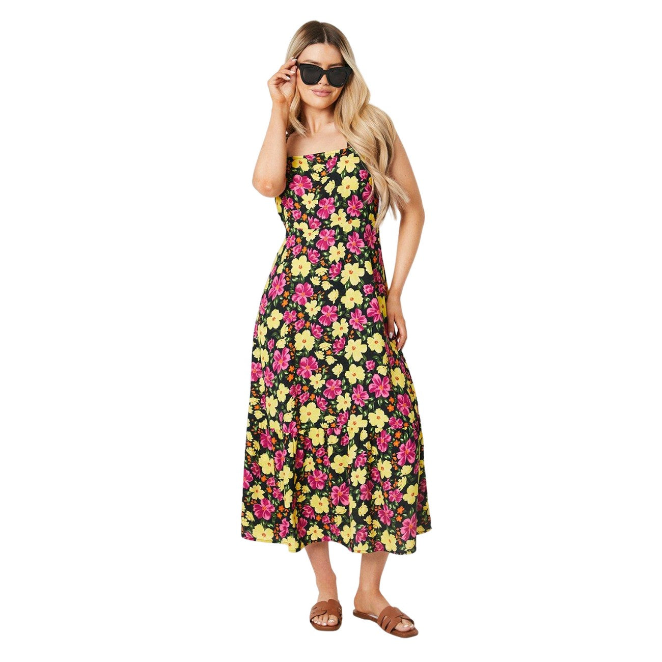 Black-Yellow-Pink - Front - Dorothy Perkins Womens-Ladies Floral Tiered Midi Dress
