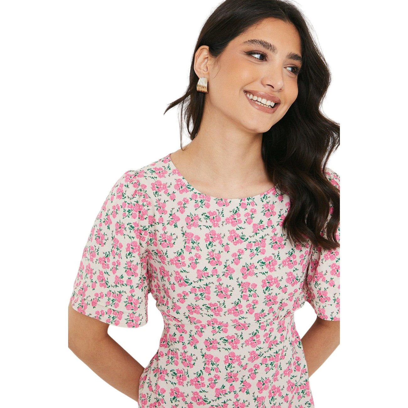 Pink - Side - Dorothy Perkins Womens-Ladies Ditsy Print Empire Seam Mini Dress