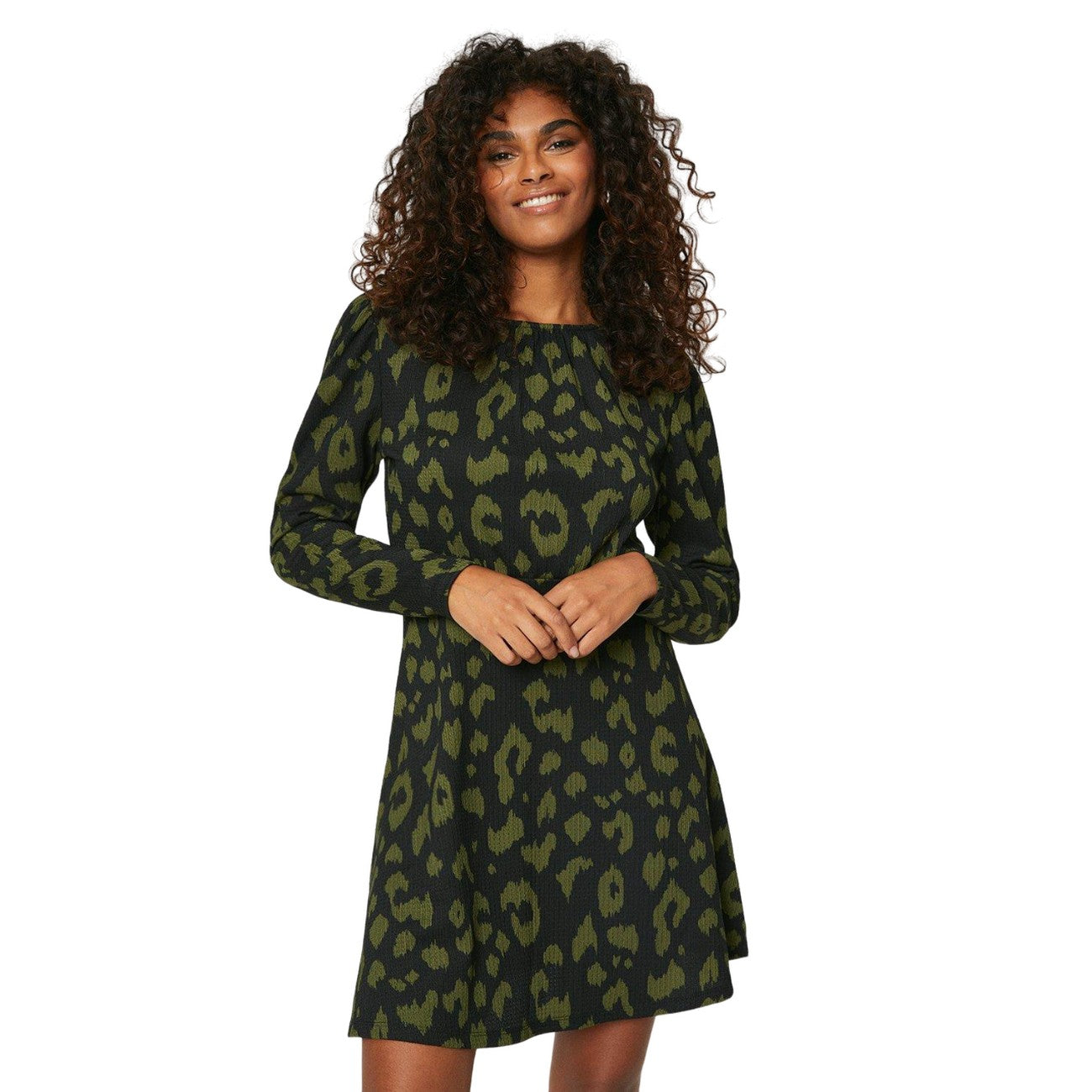 Khaki Green - Front - Dorothy Perkins Womens-Ladies Leopard Print Puff Sleeve Mini Dress