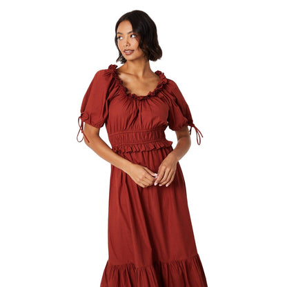 Rust - Side - Dorothy Perkins Womens-Ladies Tiered Poplin Frill Midi Dress