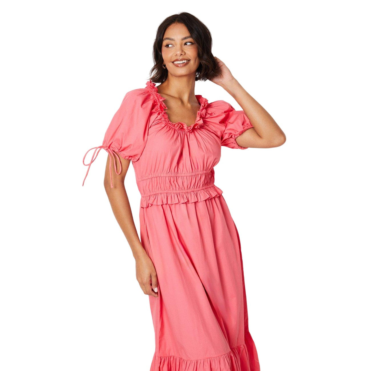 Pink - Side - Dorothy Perkins Womens-Ladies Tiered Poplin Frill Midi Dress