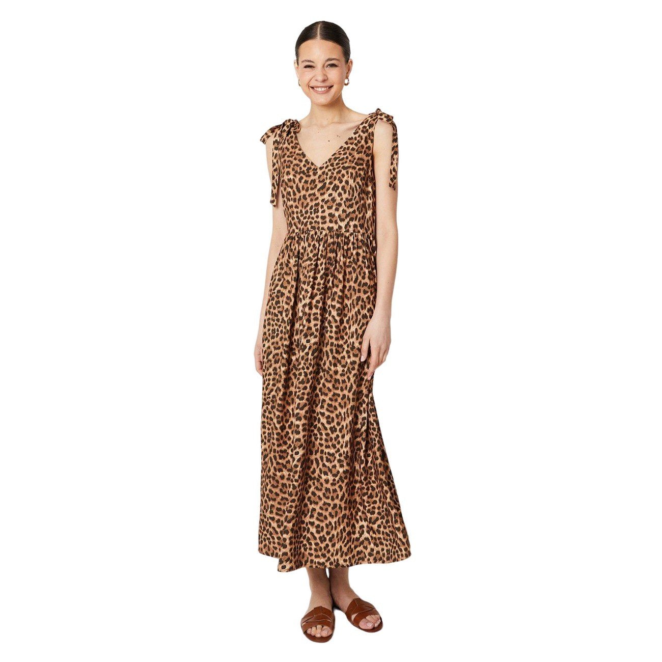 Brown - Front - Dorothy Perkins Womens-Ladies Leopard Print Tie Shoulder Midi Dress