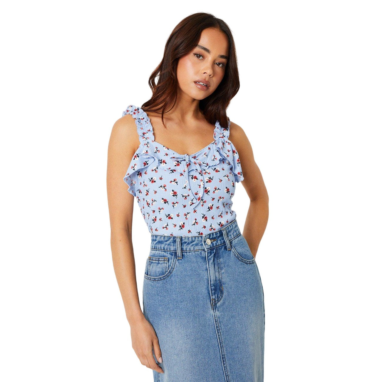Blue - Front - Dorothy Perkins Womens-Ladies Ditsy Print Front Tie Petite Tank Top