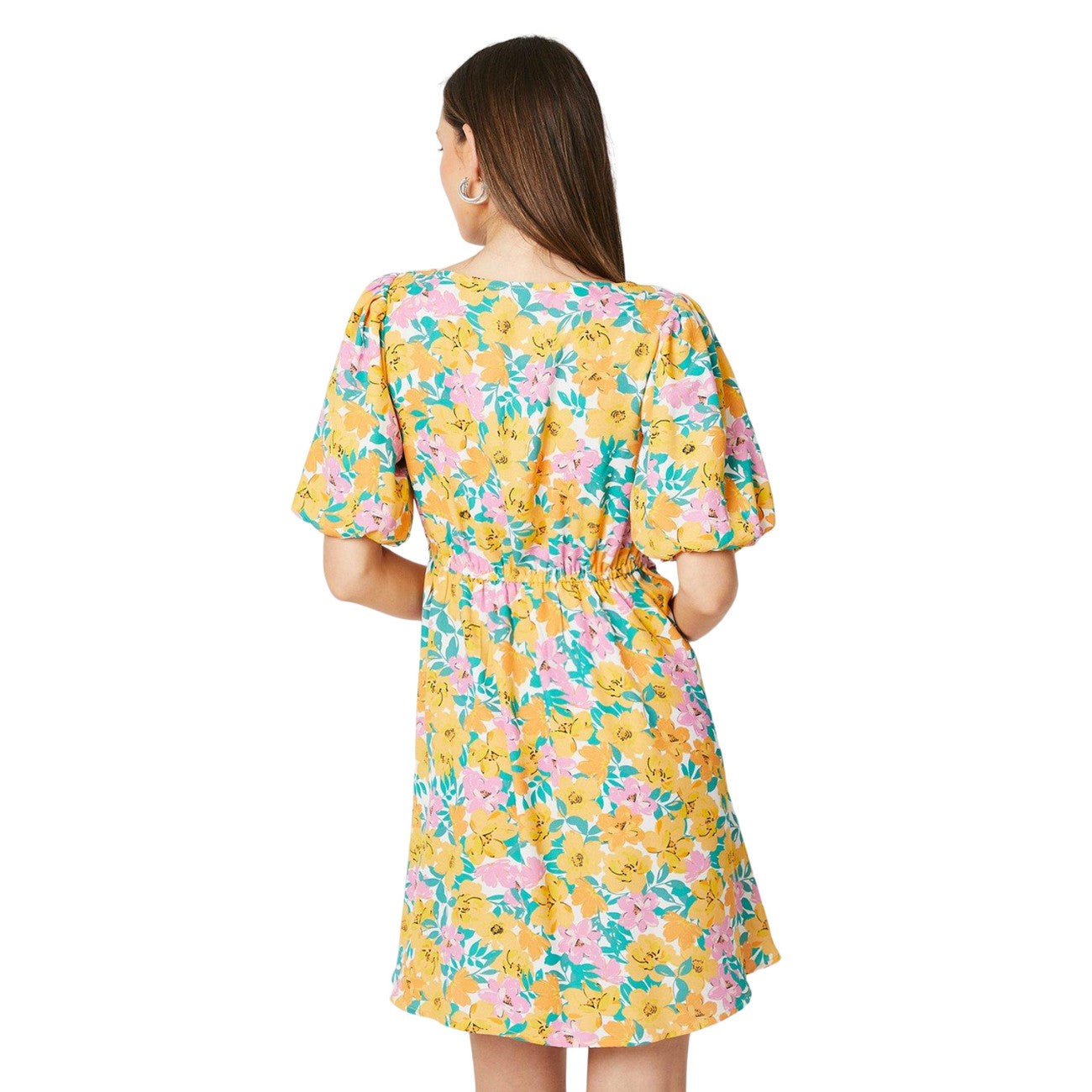 Yellow-Green - Back - Dorothy Perkins Womens-Ladies Floral Front Tie Mini Dress