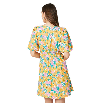 Yellow-Green - Back - Dorothy Perkins Womens-Ladies Floral Front Tie Mini Dress