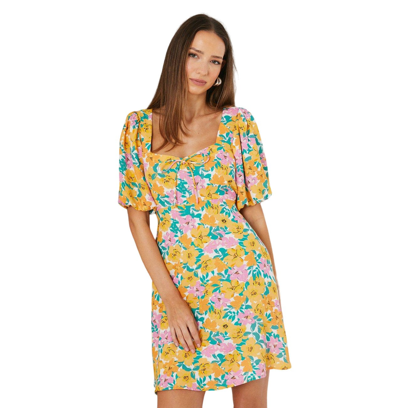 Yellow-Green - Side - Dorothy Perkins Womens-Ladies Floral Front Tie Mini Dress