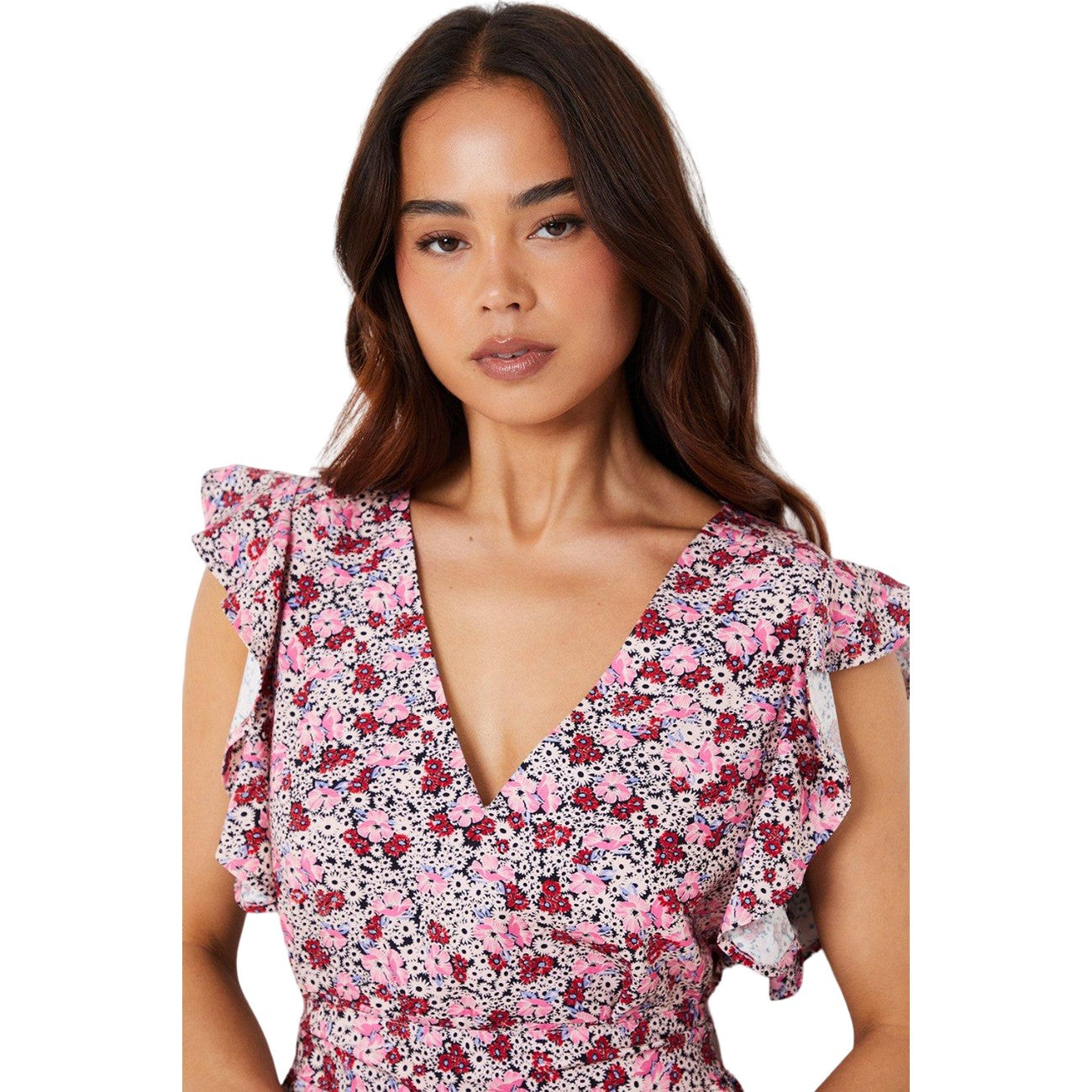 Pink - Side - Dorothy Perkins Womens-Ladies Waist Tie Petite Frill Mini Dress