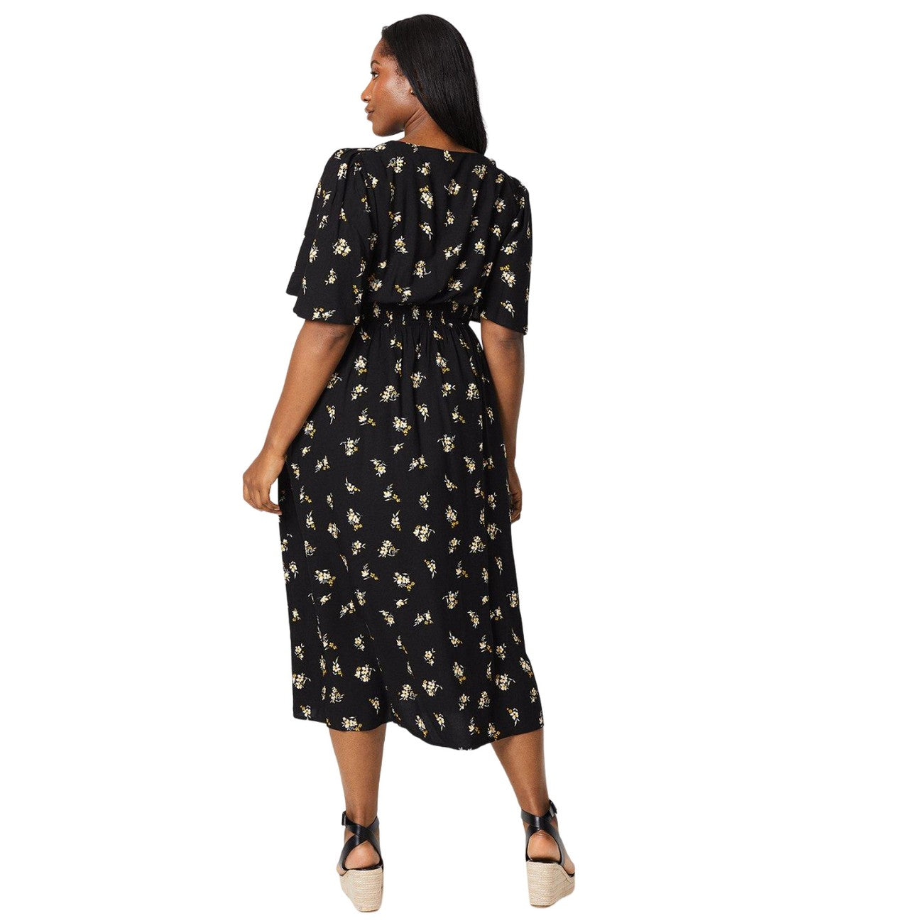 Black - Back - Dorothy Perkins Womens-Ladies Ditsy Print Button Front Curved Midi Dress