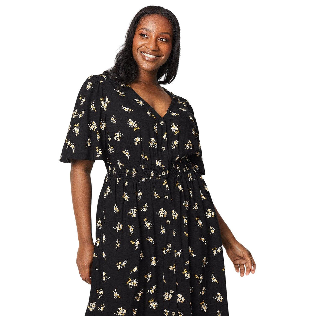 Black - Side - Dorothy Perkins Womens-Ladies Ditsy Print Button Front Curved Midi Dress
