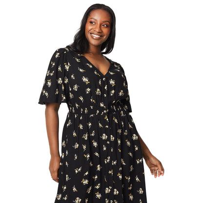 Black - Side - Dorothy Perkins Womens-Ladies Ditsy Print Button Front Curved Midi Dress