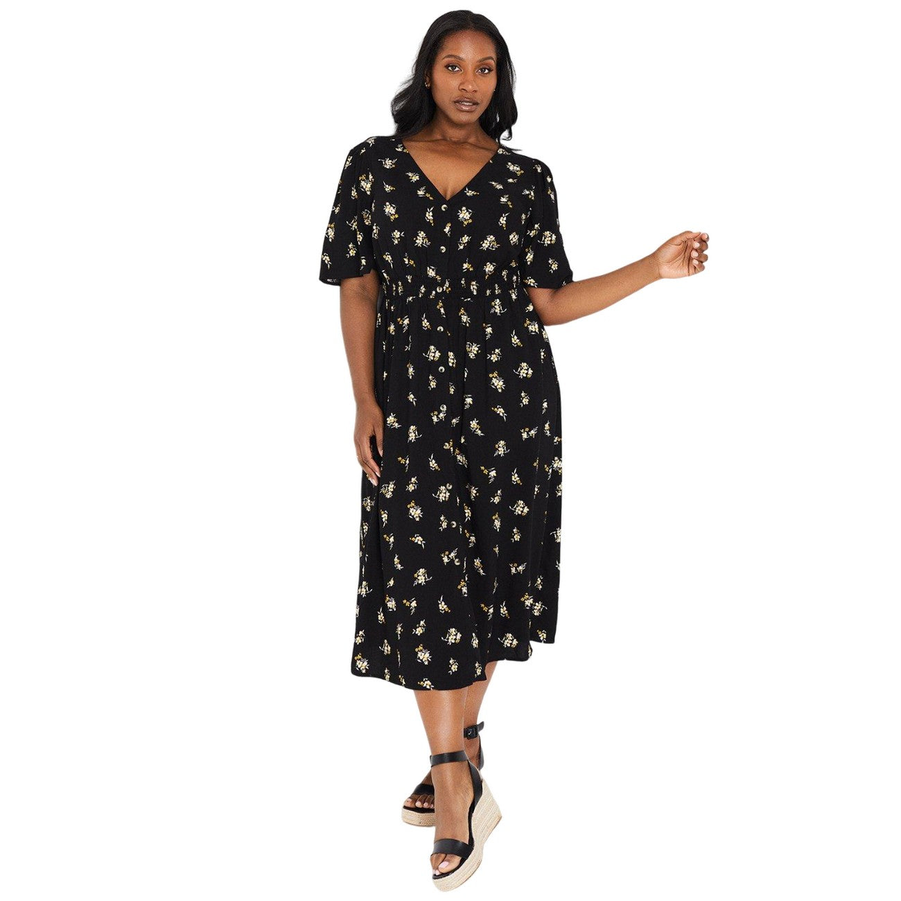 Black - Front - Dorothy Perkins Womens-Ladies Ditsy Print Button Front Curved Midi Dress