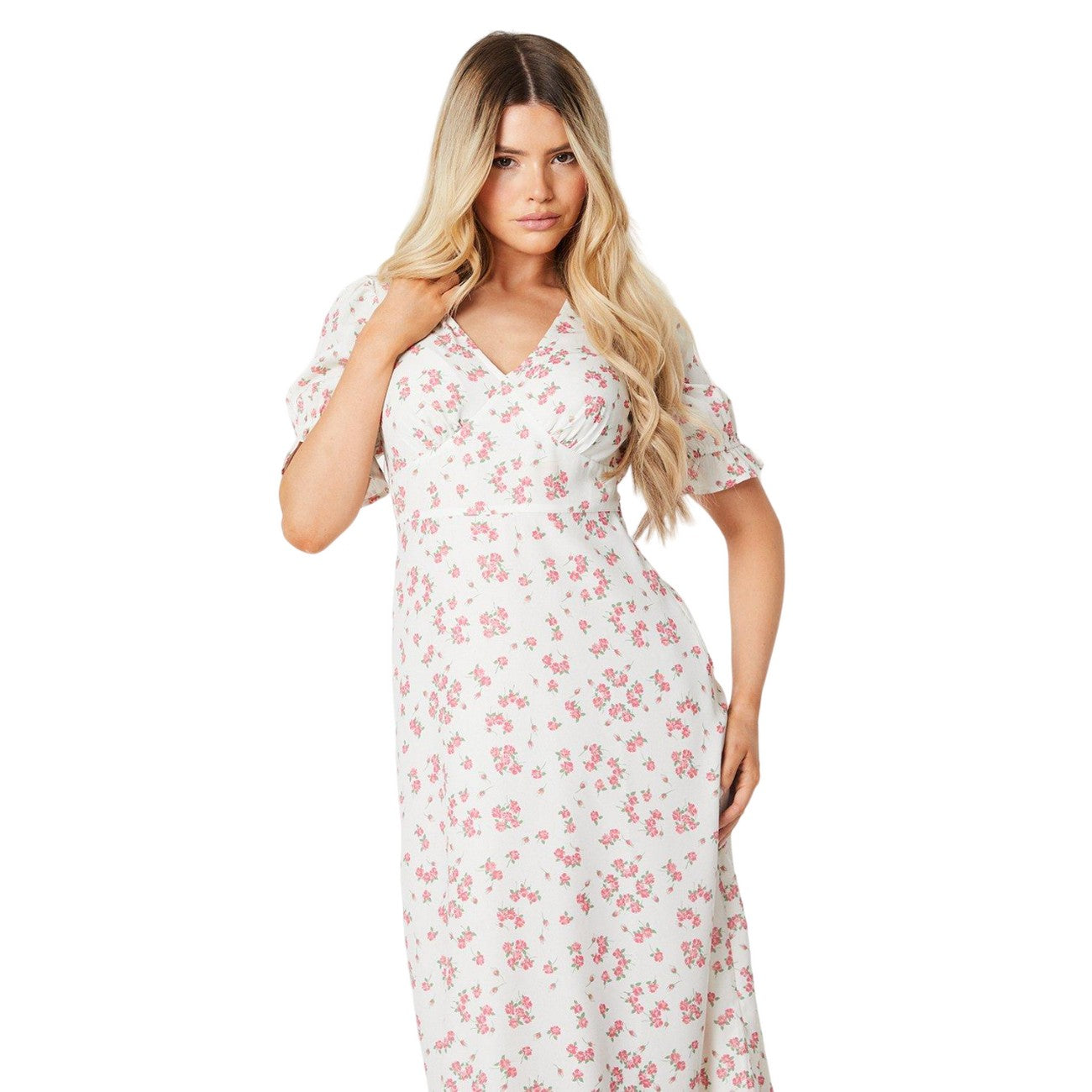 Ivory - Side - Dorothy Perkins Womens-Ladies Ditsy Print V Neck Puff Sleeve Midi Dress