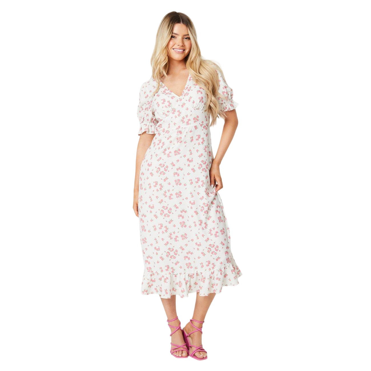 Ivory - Front - Dorothy Perkins Womens-Ladies Ditsy Print V Neck Puff Sleeve Midi Dress