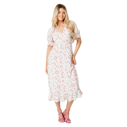 Ivory - Front - Dorothy Perkins Womens-Ladies Ditsy Print V Neck Puff Sleeve Midi Dress