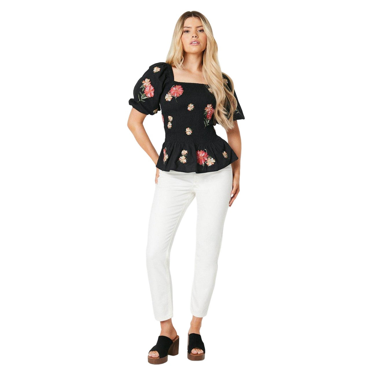 Black-Red-Yellow - Side - Dorothy Perkins Womens-Ladies Embroidered Shirred Bodice Blouse