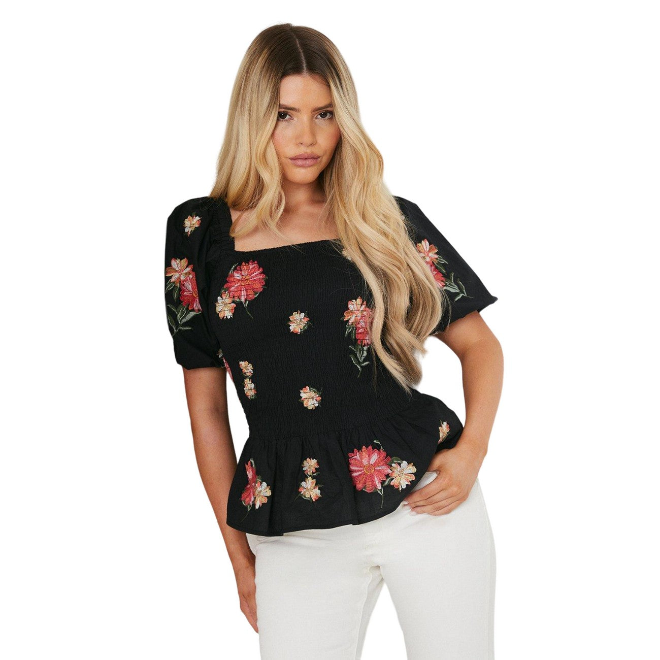 Black-Red-Yellow - Front - Dorothy Perkins Womens-Ladies Embroidered Shirred Bodice Blouse