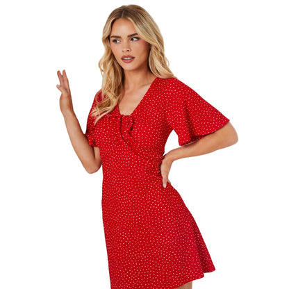 Red - Side - Dorothy Perkins Womens-Ladies Ruched Front Petite Angel Sleeve Mini Dress