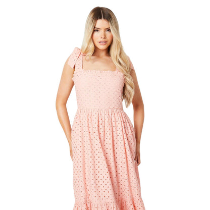Pink - Side - Dorothy Perkins Womens-Ladies Broderie Tie Shoulder Midi Dress