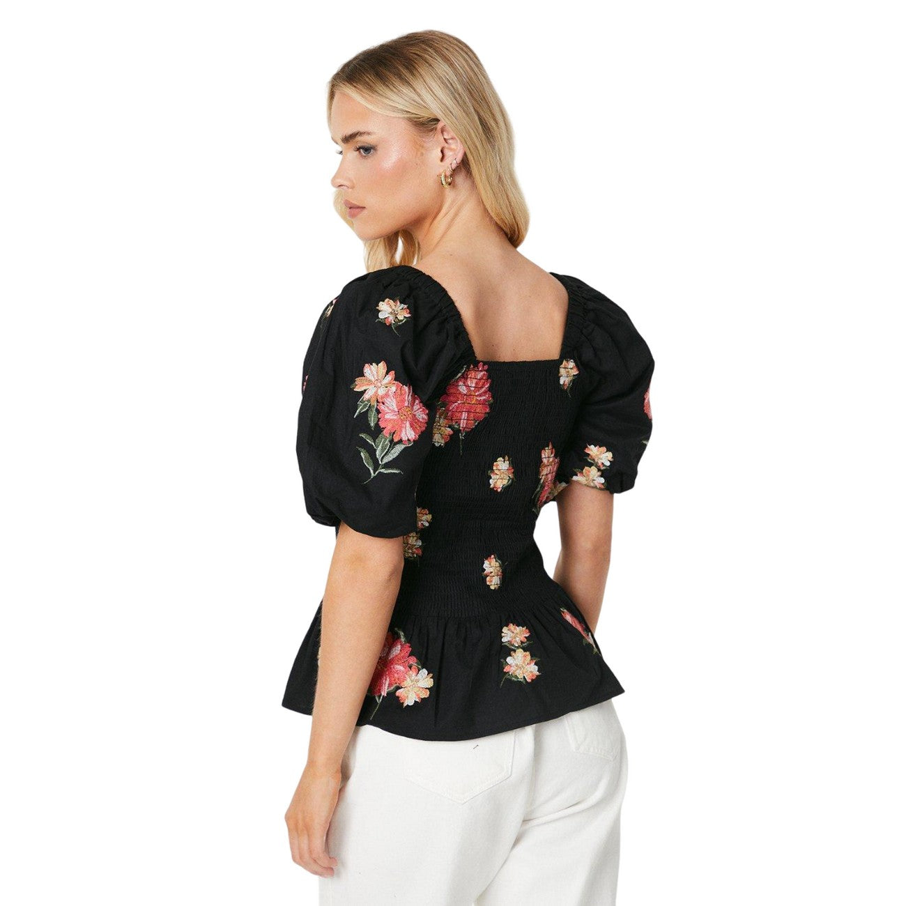 Monochrome - Back - Dorothy Perkins Womens-Ladies Embroidered Shirred Bodice Petite Blouse
