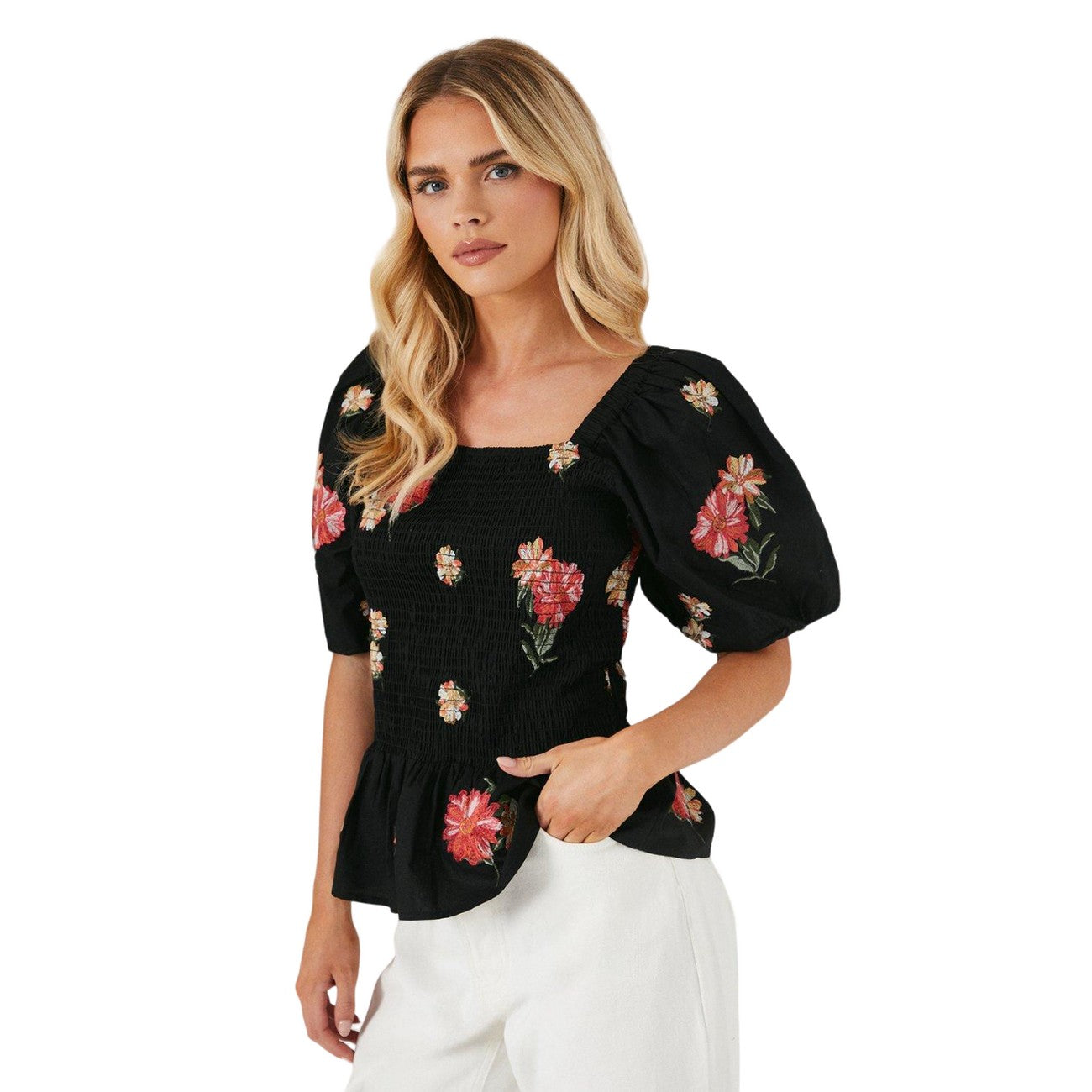 Monochrome - Side - Dorothy Perkins Womens-Ladies Embroidered Shirred Bodice Petite Blouse