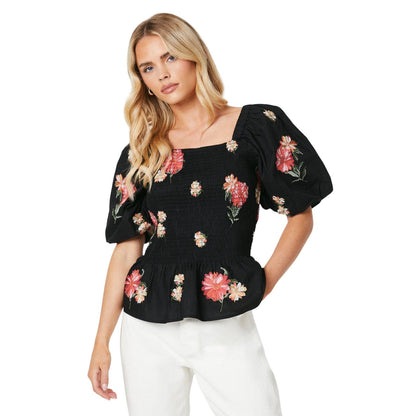 Monochrome - Front - Dorothy Perkins Womens-Ladies Embroidered Shirred Bodice Petite Blouse