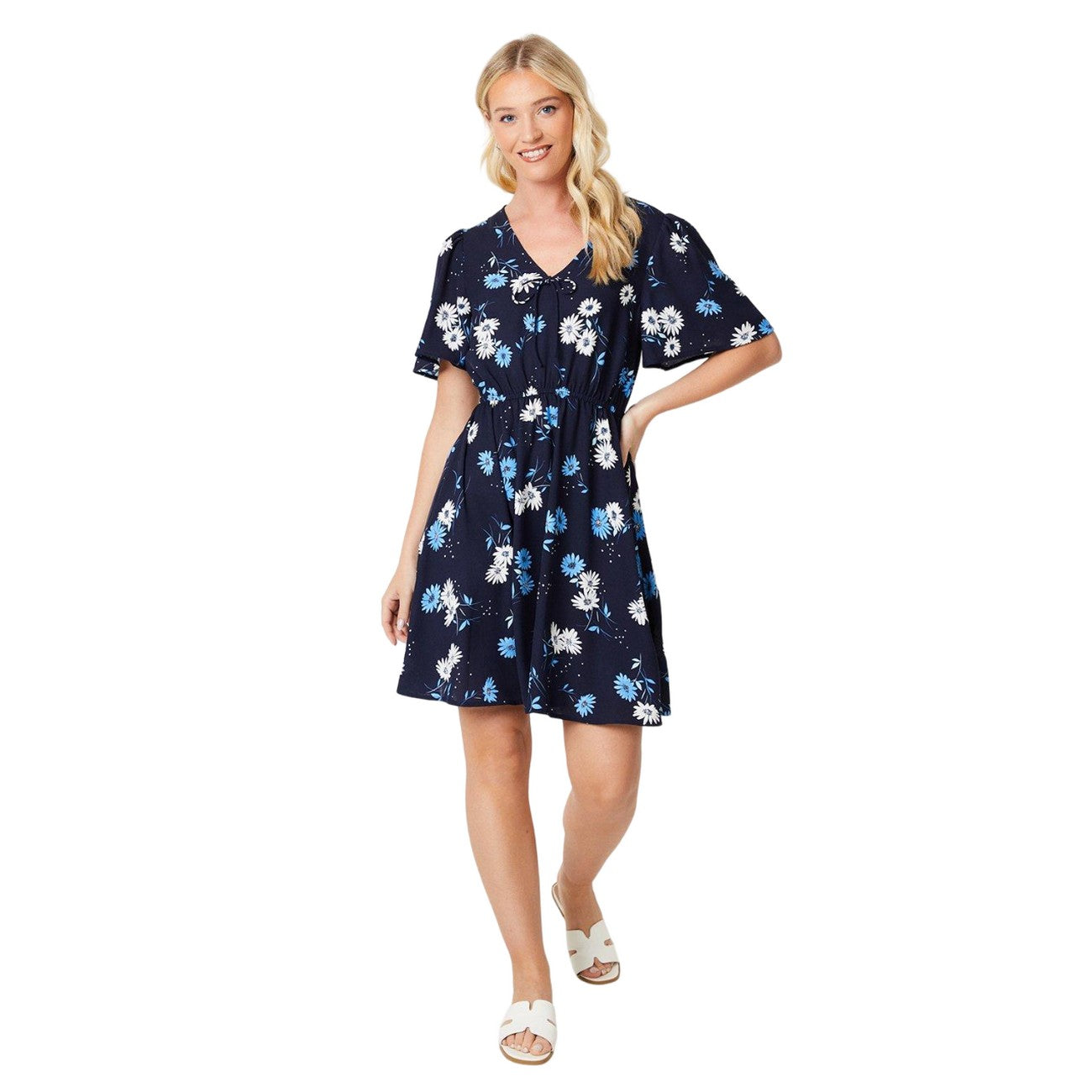 Navy-White - Side - Dorothy Perkins Womens-Ladies Floral Front Tie Mini Dress