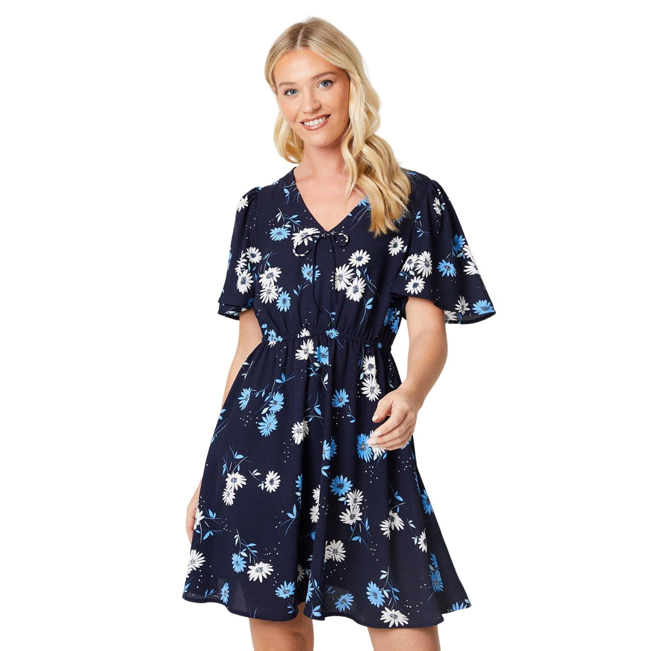 Navy-White - Front - Dorothy Perkins Womens-Ladies Floral Front Tie Mini Dress