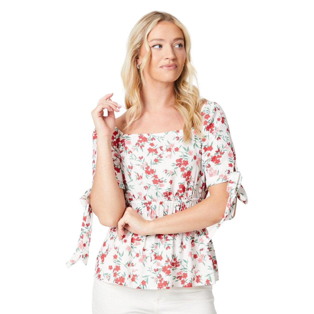 White - Front - Dorothy Perkins Womens-Ladies Floral Tie Cuff Puff Sleeve Blouse