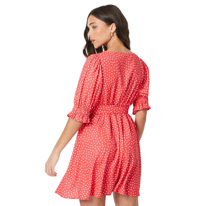Red - Back - Dorothy Perkins Womens-Ladies Spotted Sweetheart Petite Puff Sleeve Mini Dress
