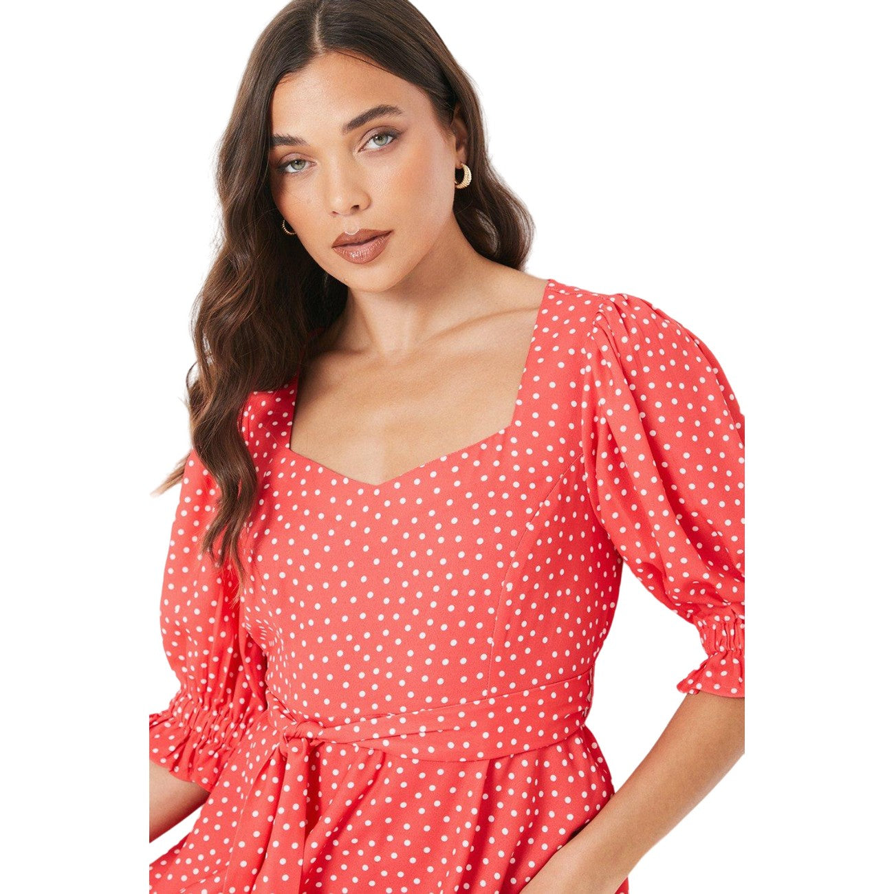 Red - Side - Dorothy Perkins Womens-Ladies Spotted Sweetheart Petite Puff Sleeve Mini Dress