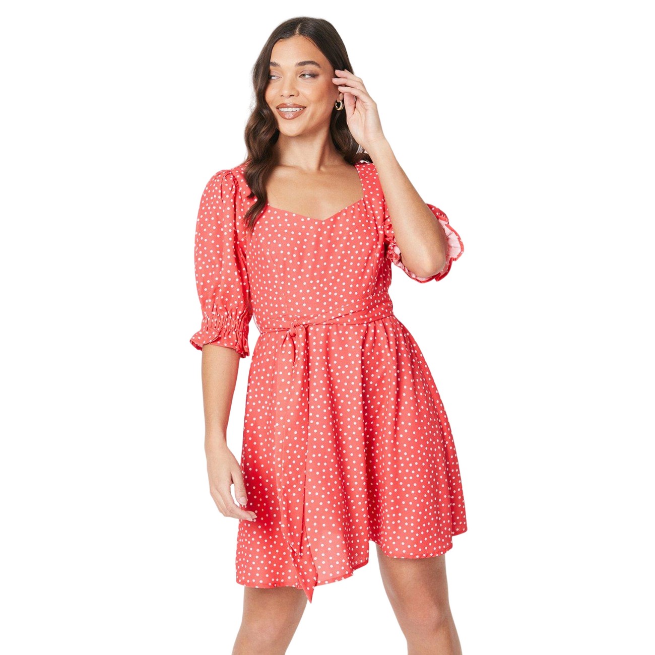 Red - Front - Dorothy Perkins Womens-Ladies Spotted Sweetheart Petite Puff Sleeve Mini Dress