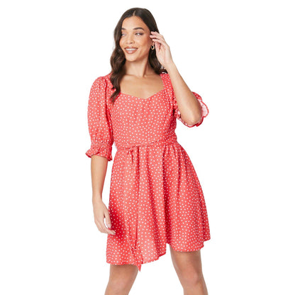 Red - Front - Dorothy Perkins Womens-Ladies Spotted Sweetheart Petite Puff Sleeve Mini Dress