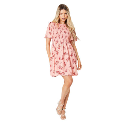 Pink - Side - Dorothy Perkins Womens-Ladies Floral Shirred Flutter Mini Dress