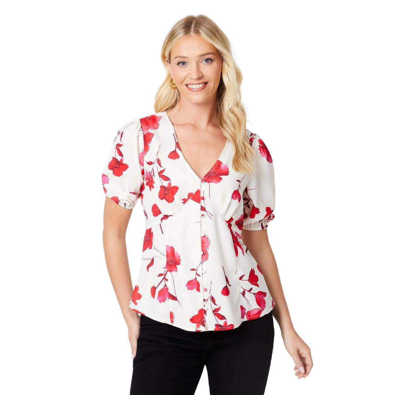 White-Red - Front - Dorothy Perkins Womens-Ladies Floral Button Through Blouse