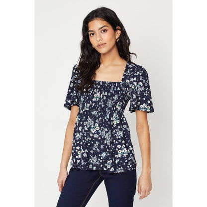 Multicoloured - Front - Dorothy Perkins Womens-Ladies Floral Shirred Petite Angel Sleeve Top